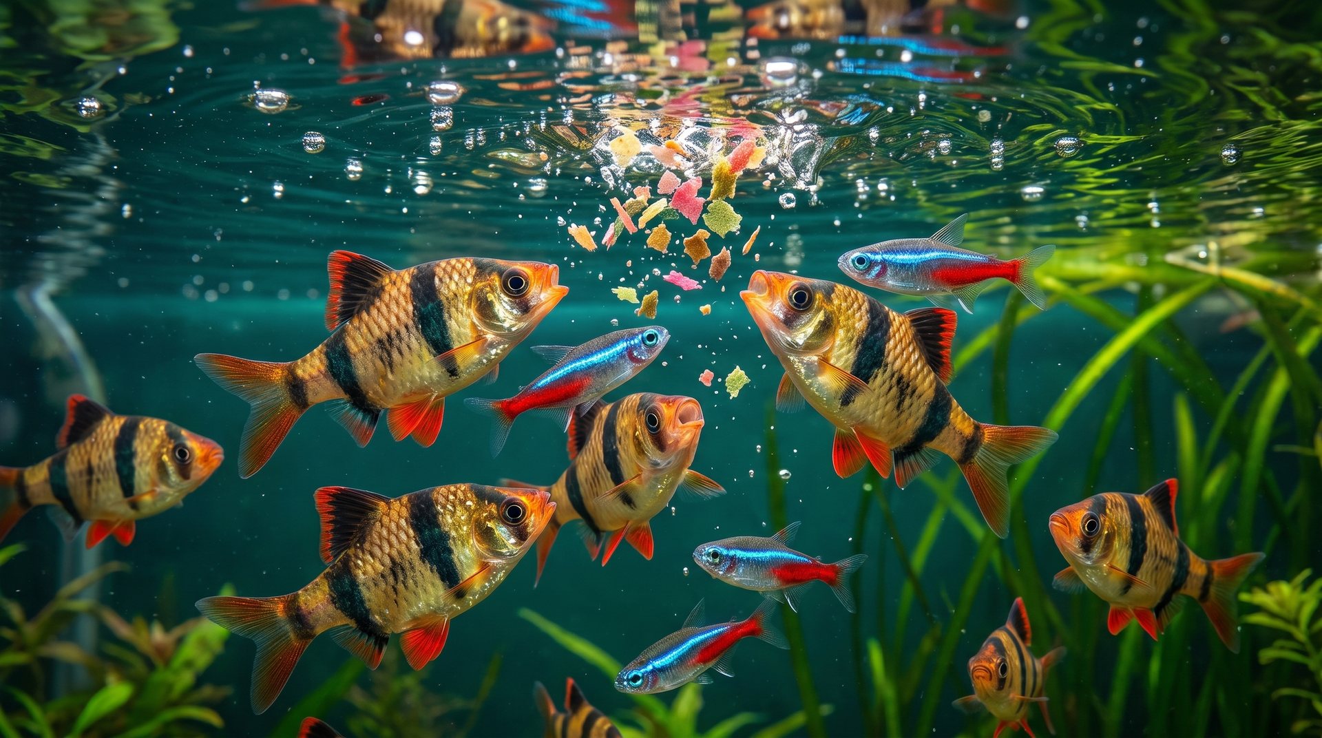 Food flakes sinking from the surface while a school of barbs and tetras rushes them